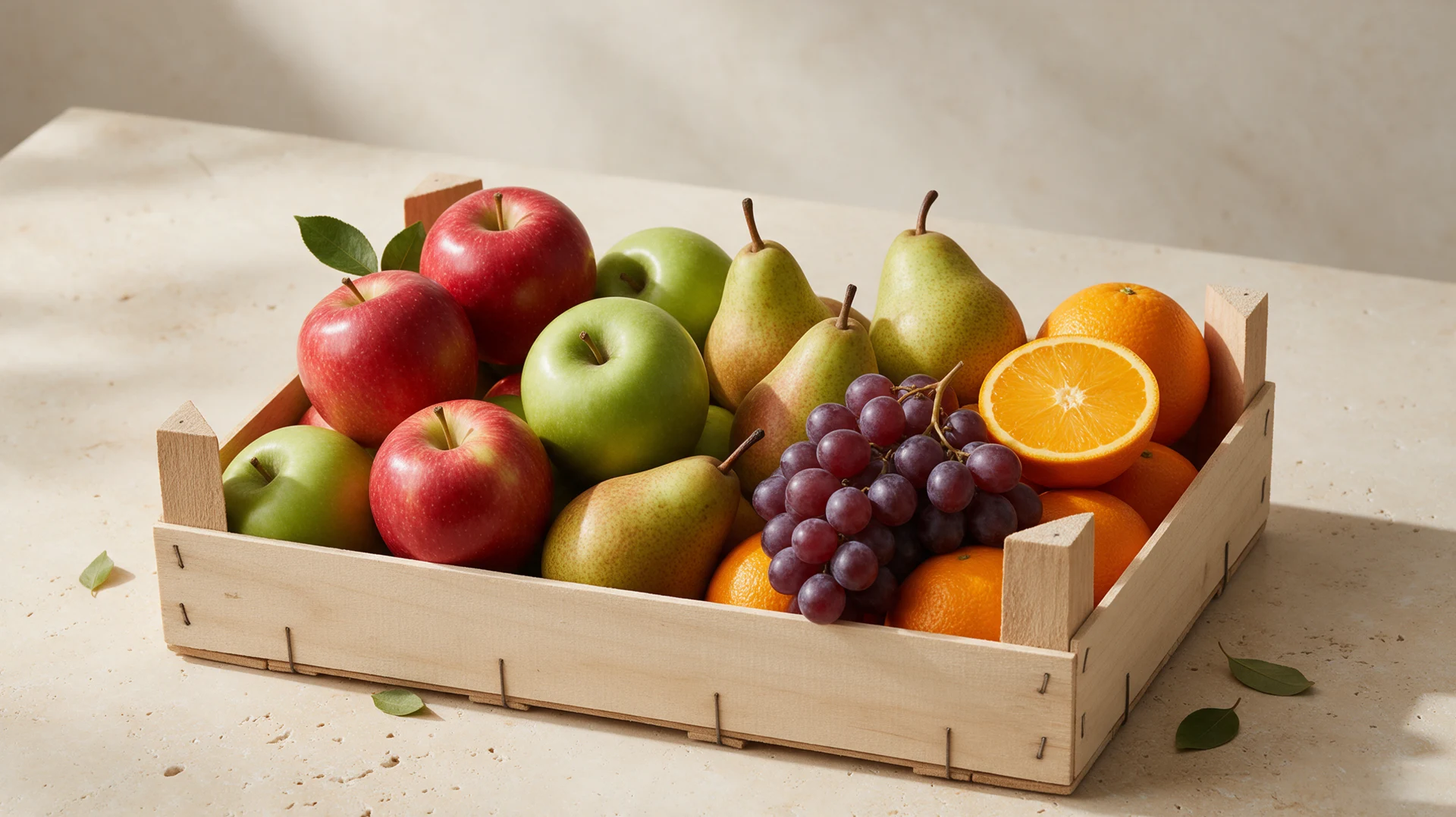 Illustrative selection of fresh fruit arranged in a harvest crate